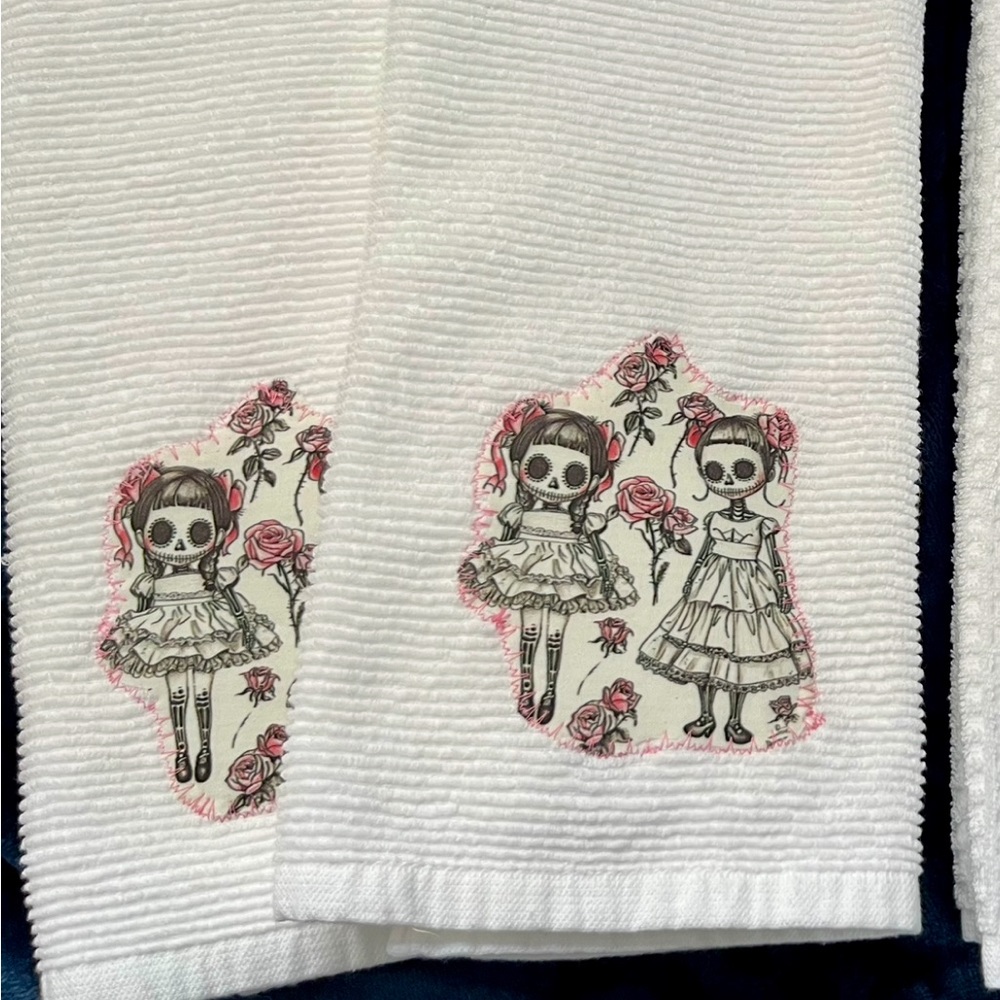 New kitchen  hand towels w/sugar skull girls stitched on pre-washed. Pastel goth